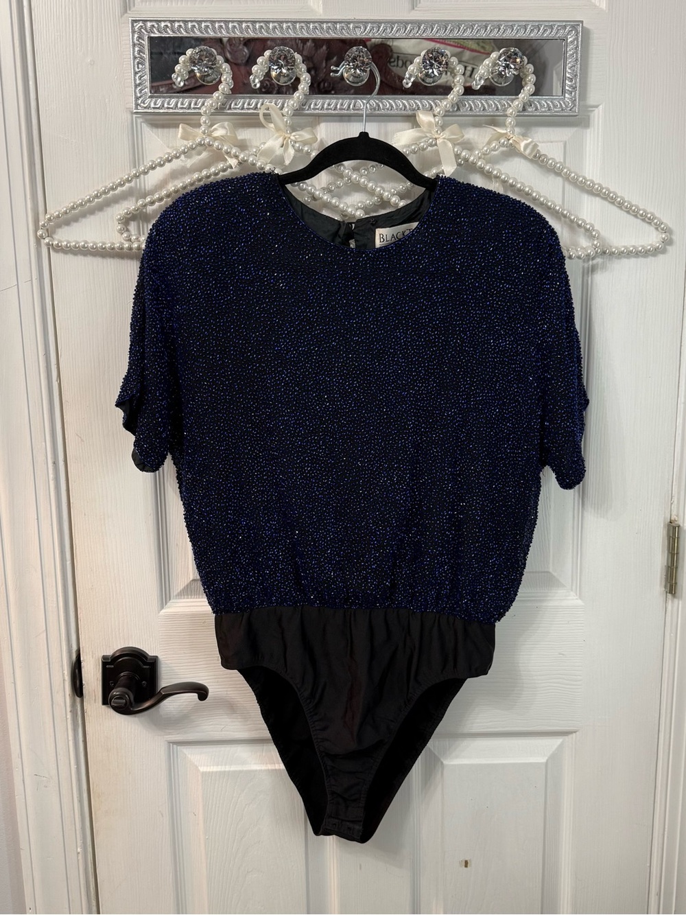 Vintage BlackTie Oleg Cassini Navy Beaded Bodysuit